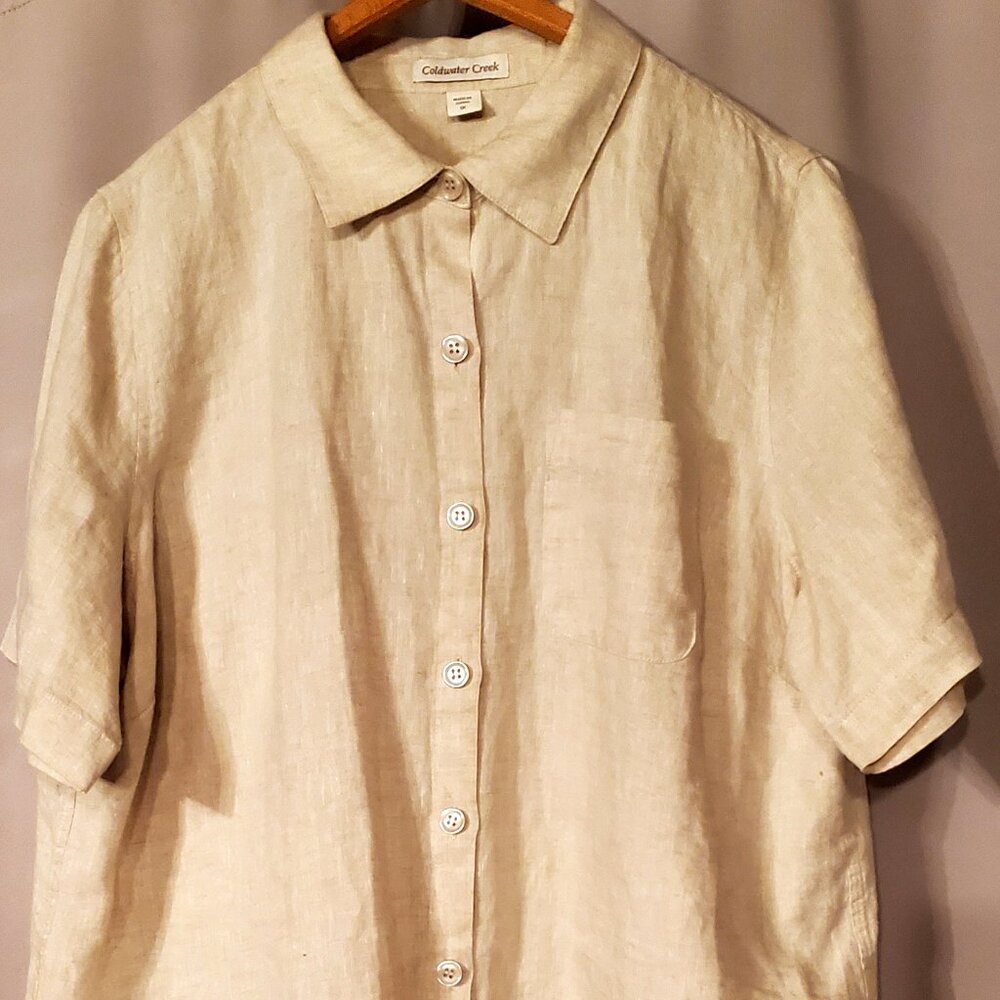 COLDWATER CREEK (Women's-1X, White Linen, Short Sleeve, Button Up Top) NEW